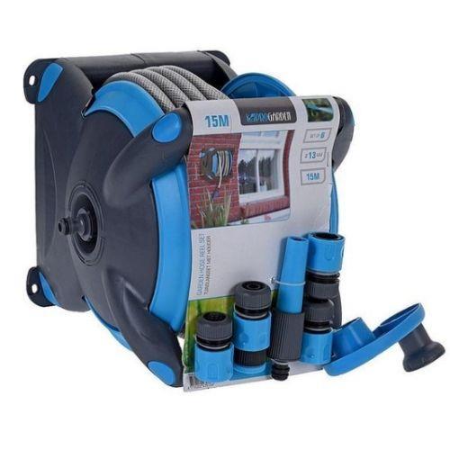 Soporte para manguera de jardín Pro Garden con manguera de 15 metros con 4 accesorios