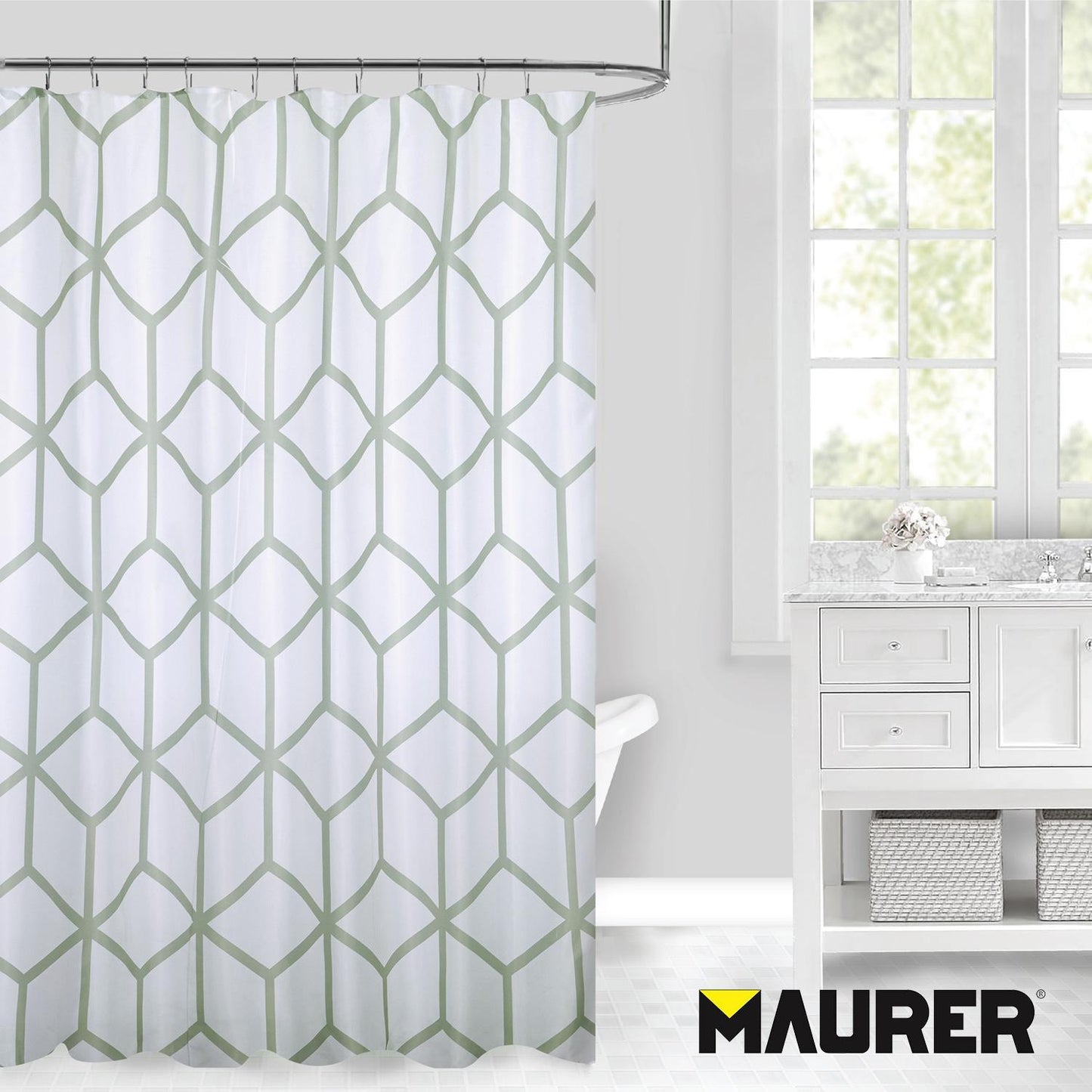 Cortina Ducha Tela Geometria 180 X 200 Cm. Cortina Baño, Cortina Tela Impermeable Con Anillas