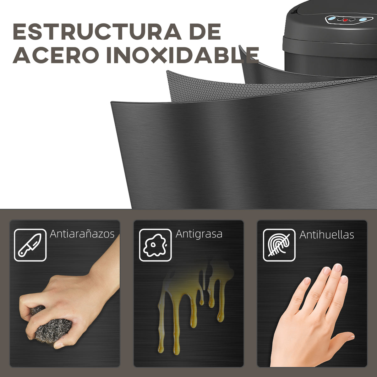 Balde De Lixo Homcom Aço Inoxidável E Abs Preto 32x30,5x51 Cm 851-048v01bk_5