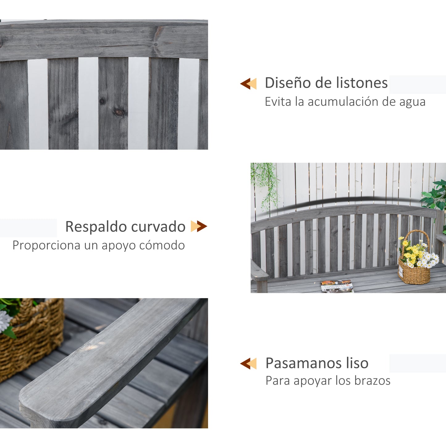 Outsunny Banco De Jardín De 2 Plazas Madera Con Reposabrazos Carga 320 kg Gris_5