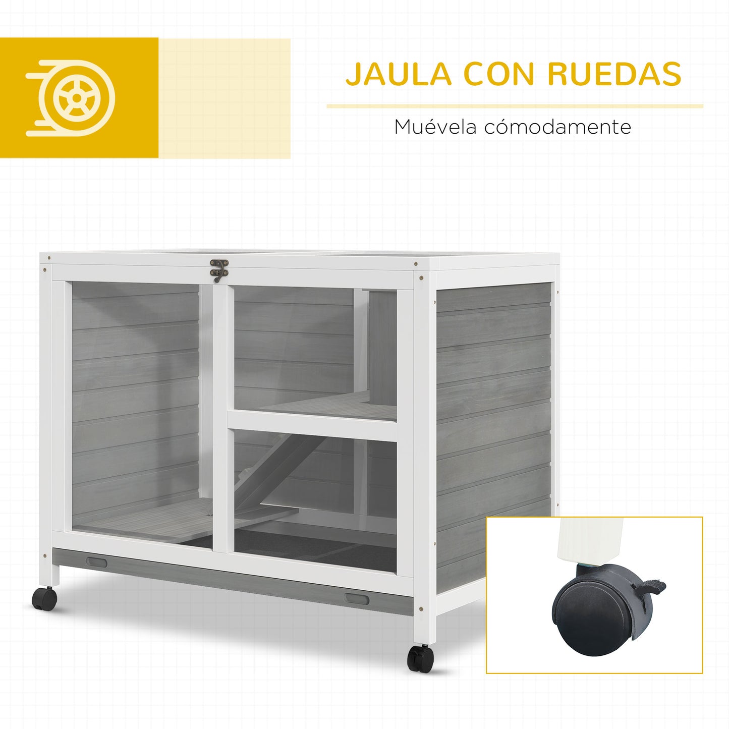 Pawhut Conejera De Madera Con Ruedas 91,5x53,3x73 Cm Techo Abatible Bandeja_5