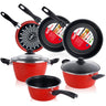 Bateria De Cocina 5 Piezas + Set Juego 3 Sartenes 18-20-24cm, Acero Vitrificado 820ºc, Libre Pfoa Magefesa Grana, Rojo