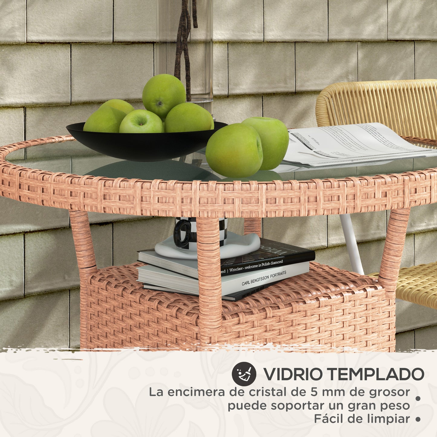 Outsunny Mesa De Ratán Redonda Ø80x75 Cm Con Estante Patas Ajustable Natural_5
