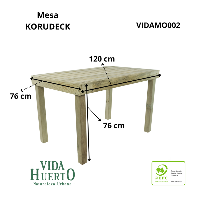 Mesa De Jardín Korudeck Rectangular De Madera Tratada Vidahuerto 120x76x76 Cm._2