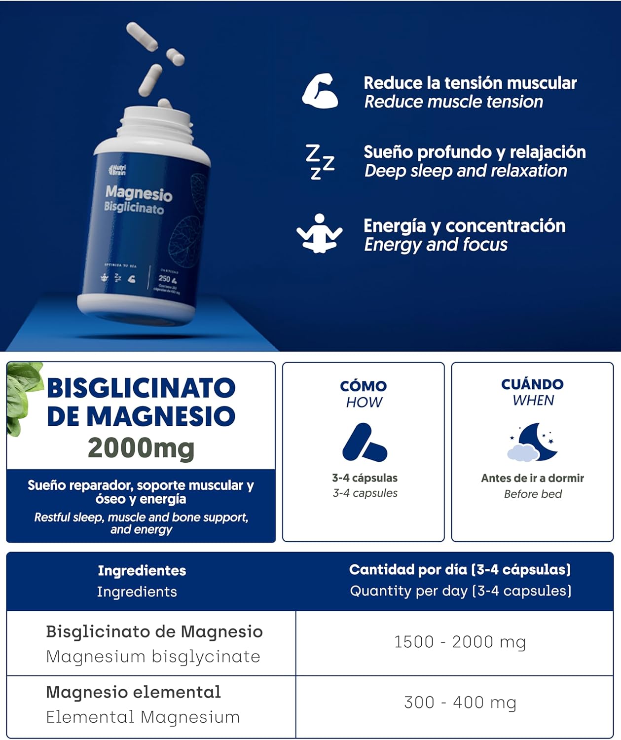 Magnesio Bisglicinato Puro 2000mg Alta Absorción Nutribrain 250 Cápsulas_5