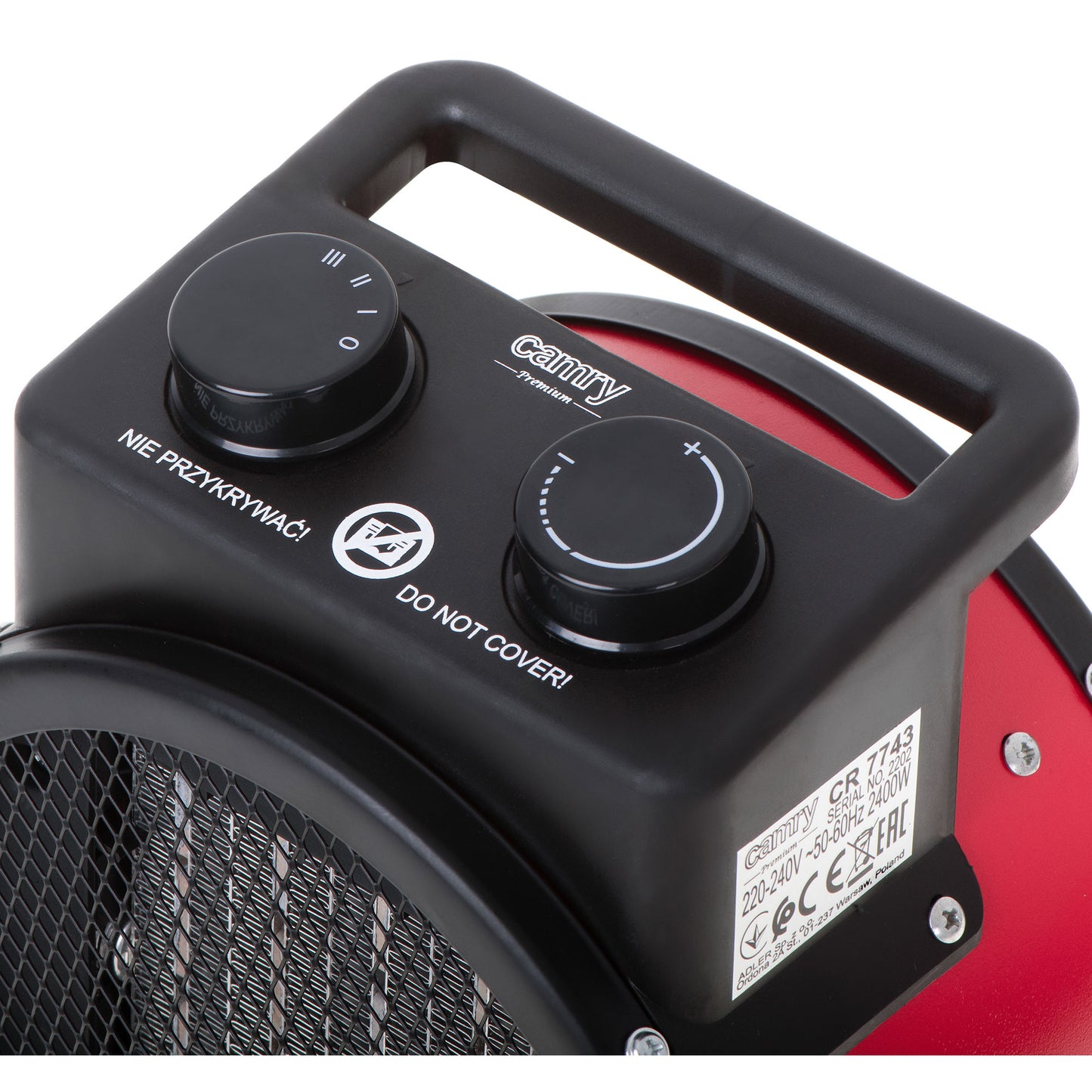 Calefactor Cerámico Termoventilador Portátil, 2 Niveles Potencia Termostato Automático, Moderno Camry Cr7743, Negro/rojo