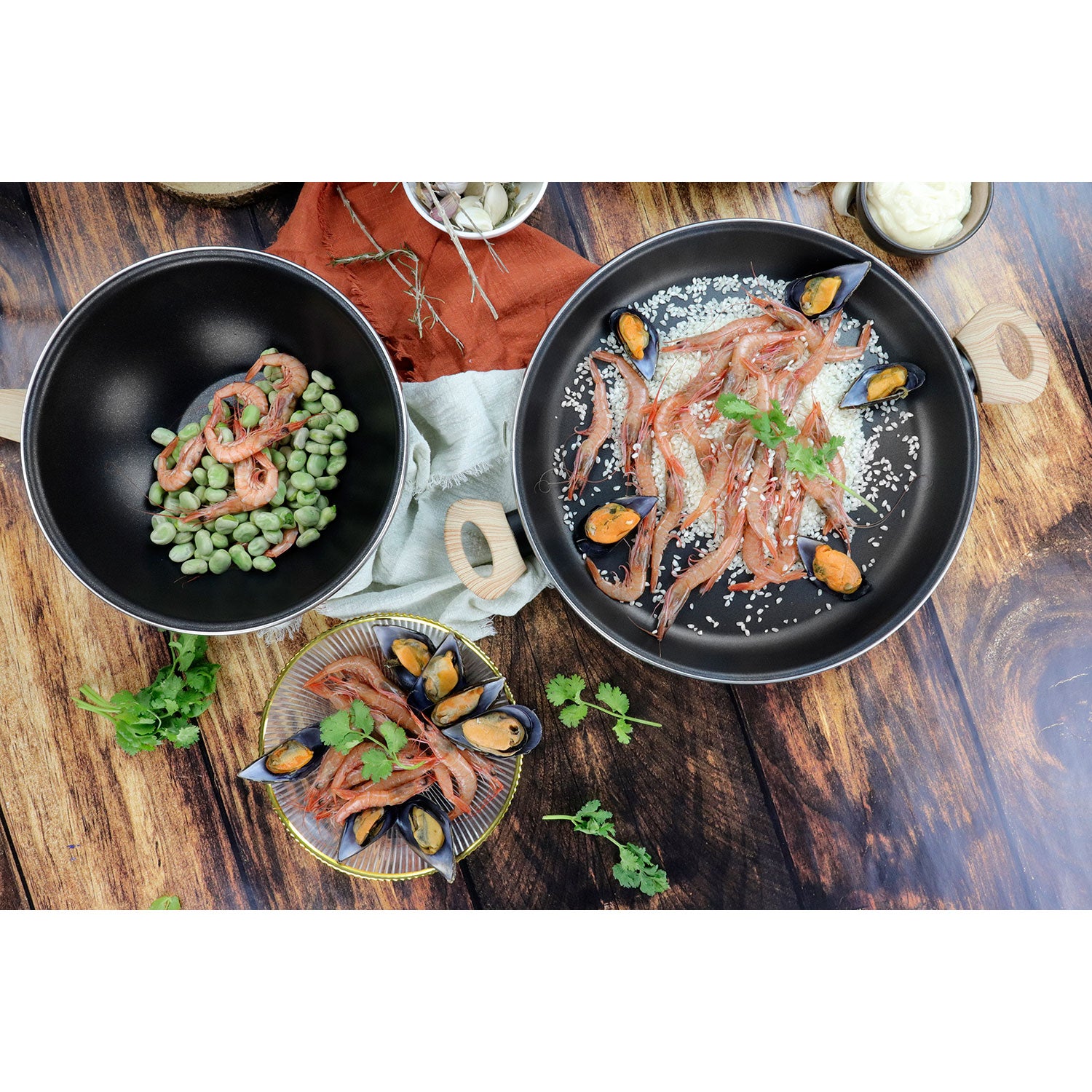 Batería Cocina Inducción 6 Piezas, Antiadherente Libre Pfoa, Exterior Negro Asas Efecto Madera Magefesa Orbe, Negro