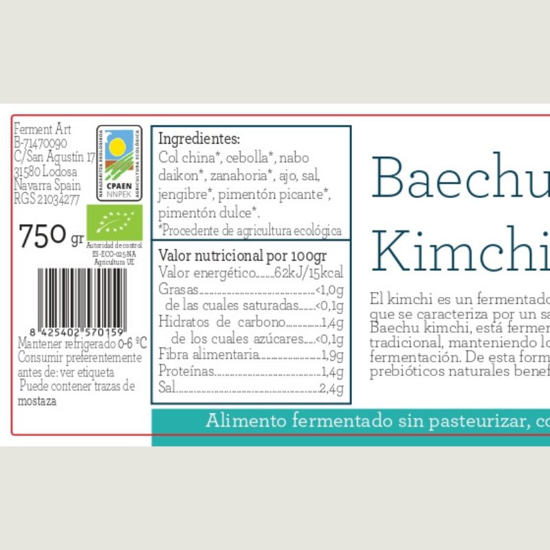 Kimchi Baechu Eco Sin Pasteurizar Ferment Art 750 Gr