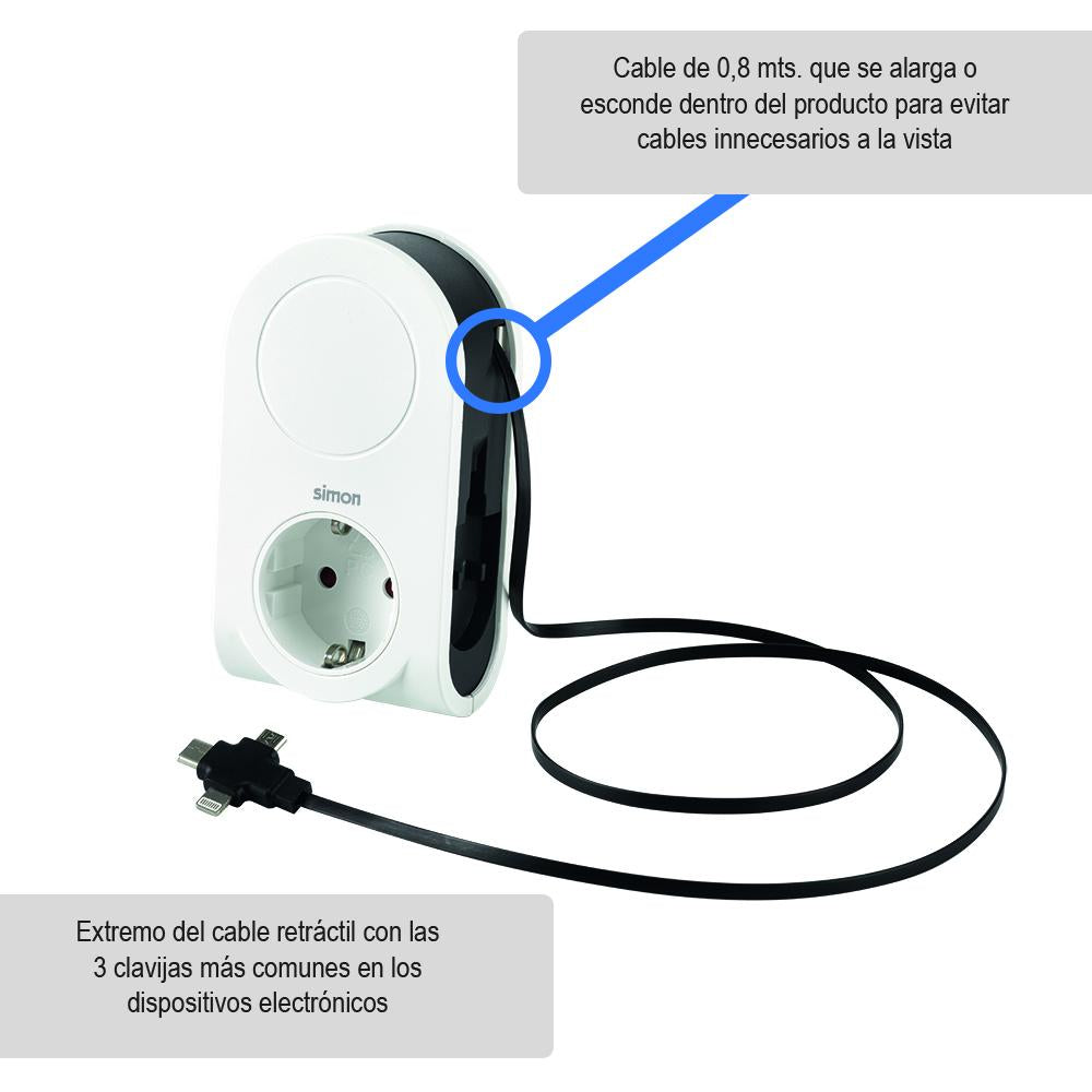 Adaptador con 3 clavijas usb cable enrollable +1 puerto usb a + 1 toma 16a Simon