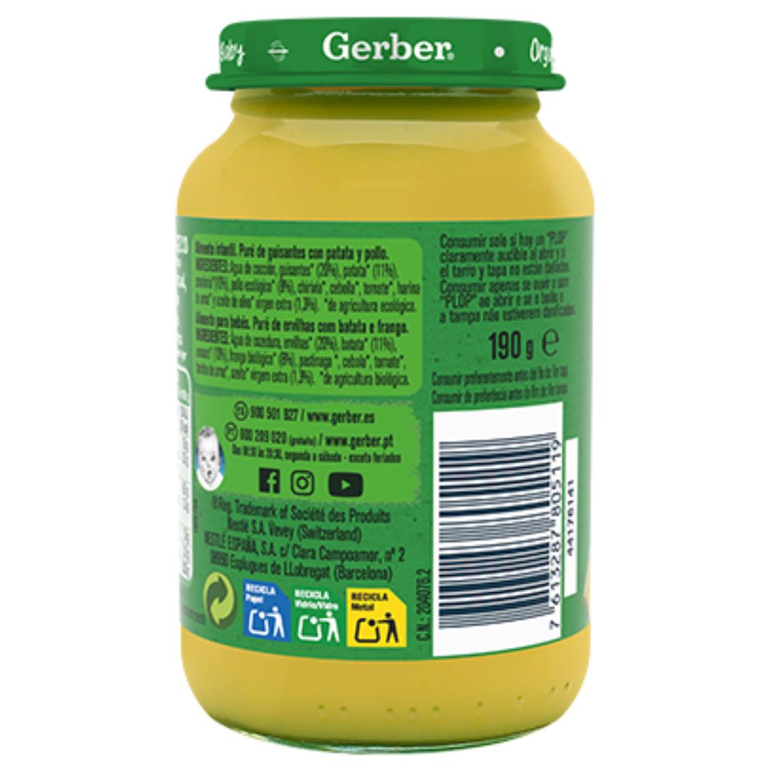 Tarrito de puré ecológico para bebés de Guisantes con Patata y Pollo Gerber 190 g