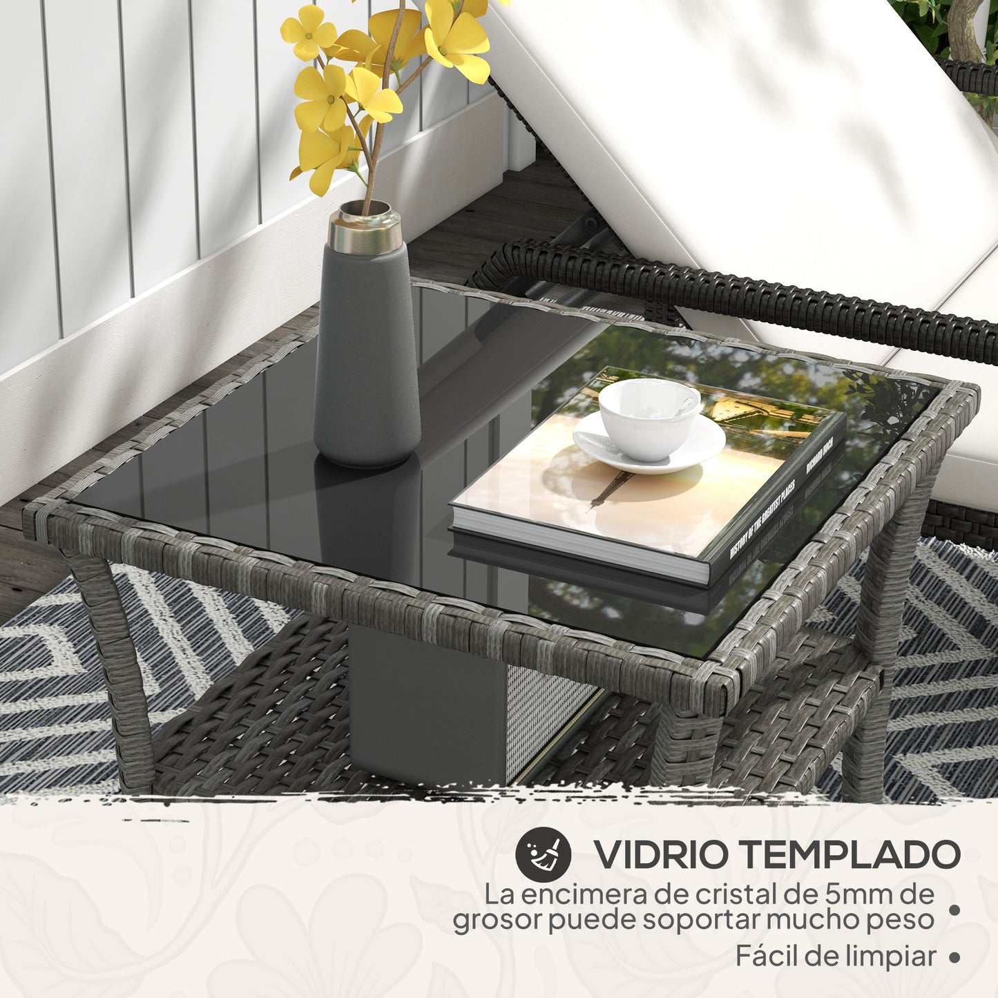 Outsunny Mesa De Jardín De Ratán Pe 50x50x45 Cm Con Estante Marco De Acero Gris_5