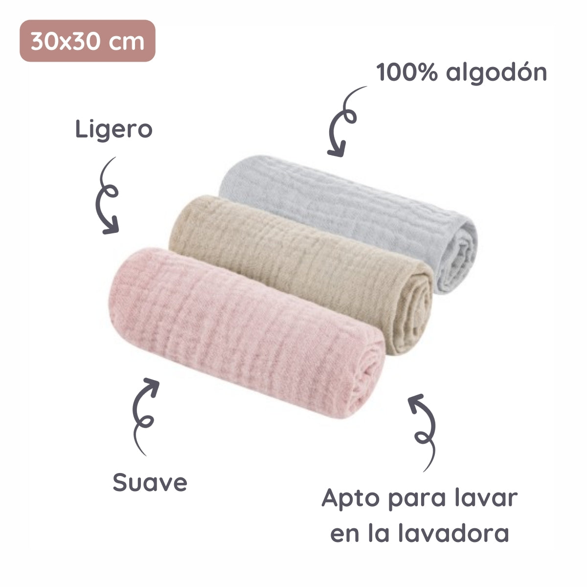 Pack 3 Muselinas De Algodón 30x30 Cm Grey-sand-rose