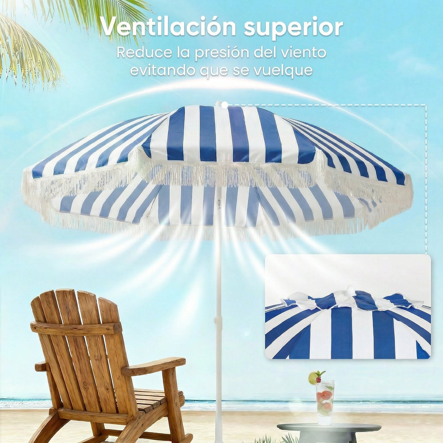 Outsunny Sombrilla De Playa Con Flecos Ø180 Cm Altura Ajustable, Inclinación 30°_5