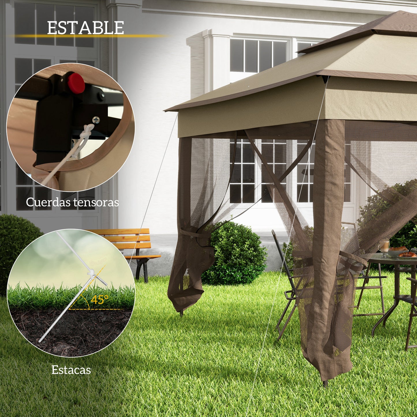 Outsunny Carpa Plegable 3x3 M Cenador De Jardín Con Doble Techo Marrón_5