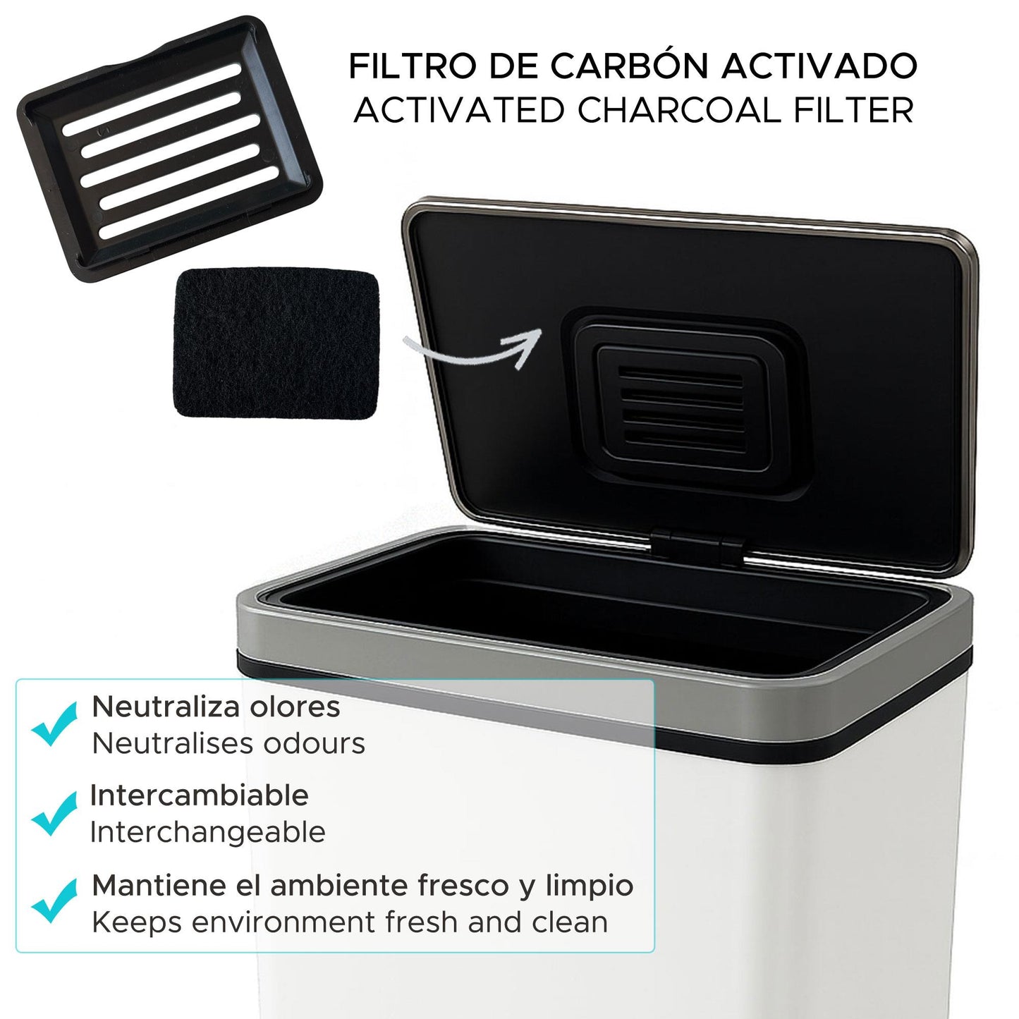 Cubo Basura 50l Blanco Acero Con Sensor Y Filtro Antiolor Wellhome_3