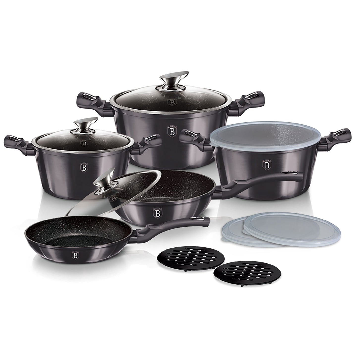 Batería Cocina Inducción 13 Piezas, Antiadherente Sin Pfoa, Aluminio, Cazuelas Sartenes Tapas Berlinger Haus Carbon Pro Gris Oscuro