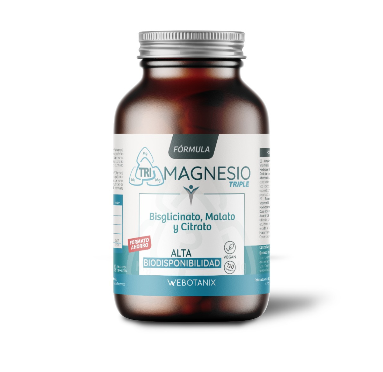 Triple Magnesio (Bisglicinato, malato y citrato) Vegan Fórmula, WeBotanix, 120 cápsulas