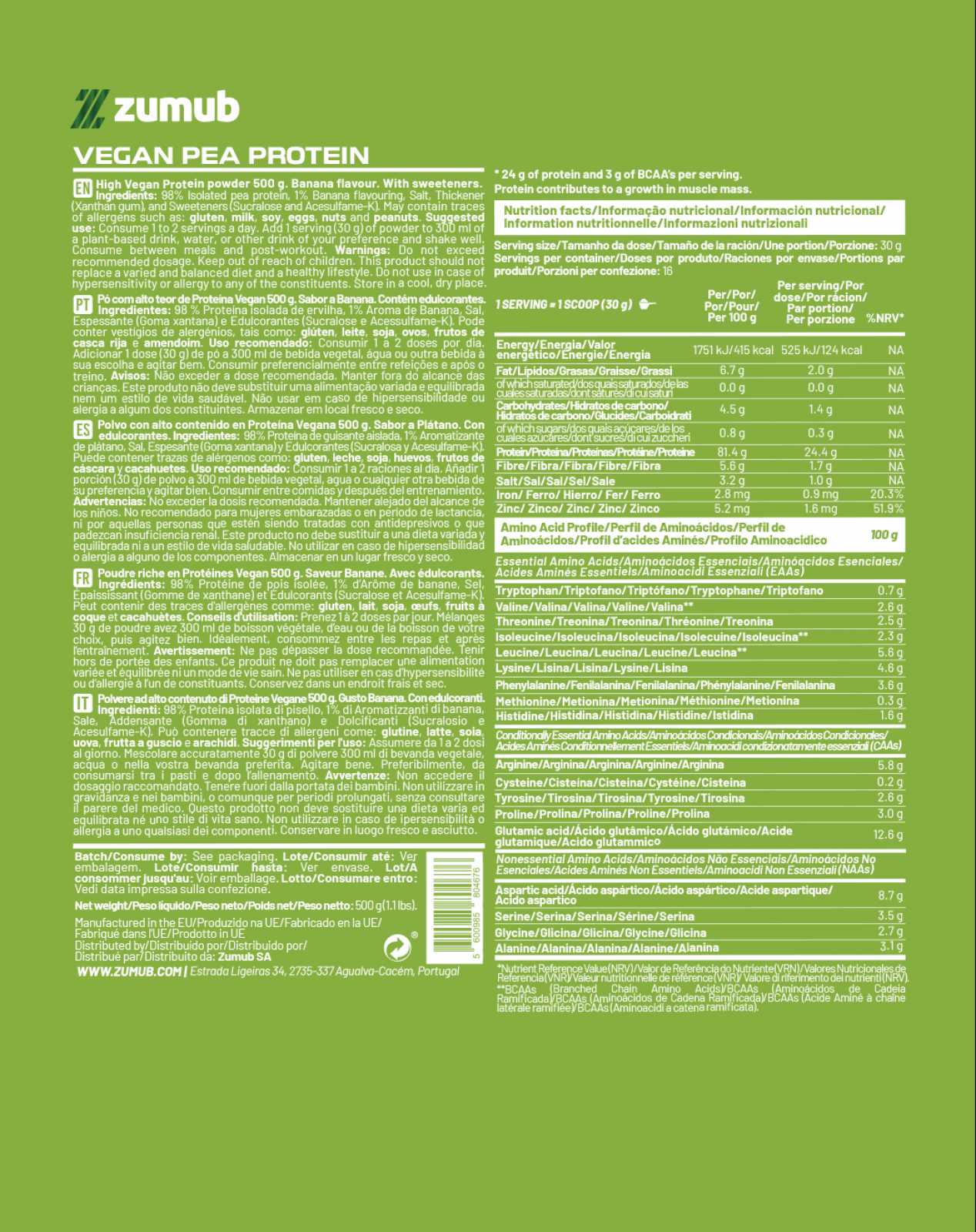Zumub Vegan Protein (pea Protein) 500g - Plátano