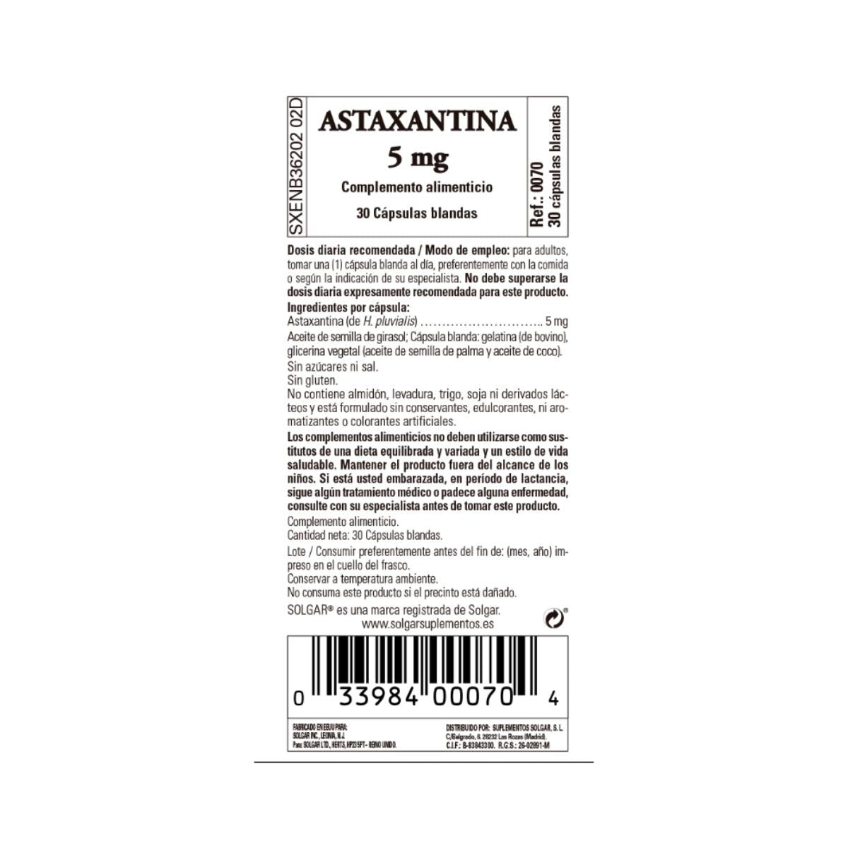 Astaxantina, 30 cápsulas de 5mg