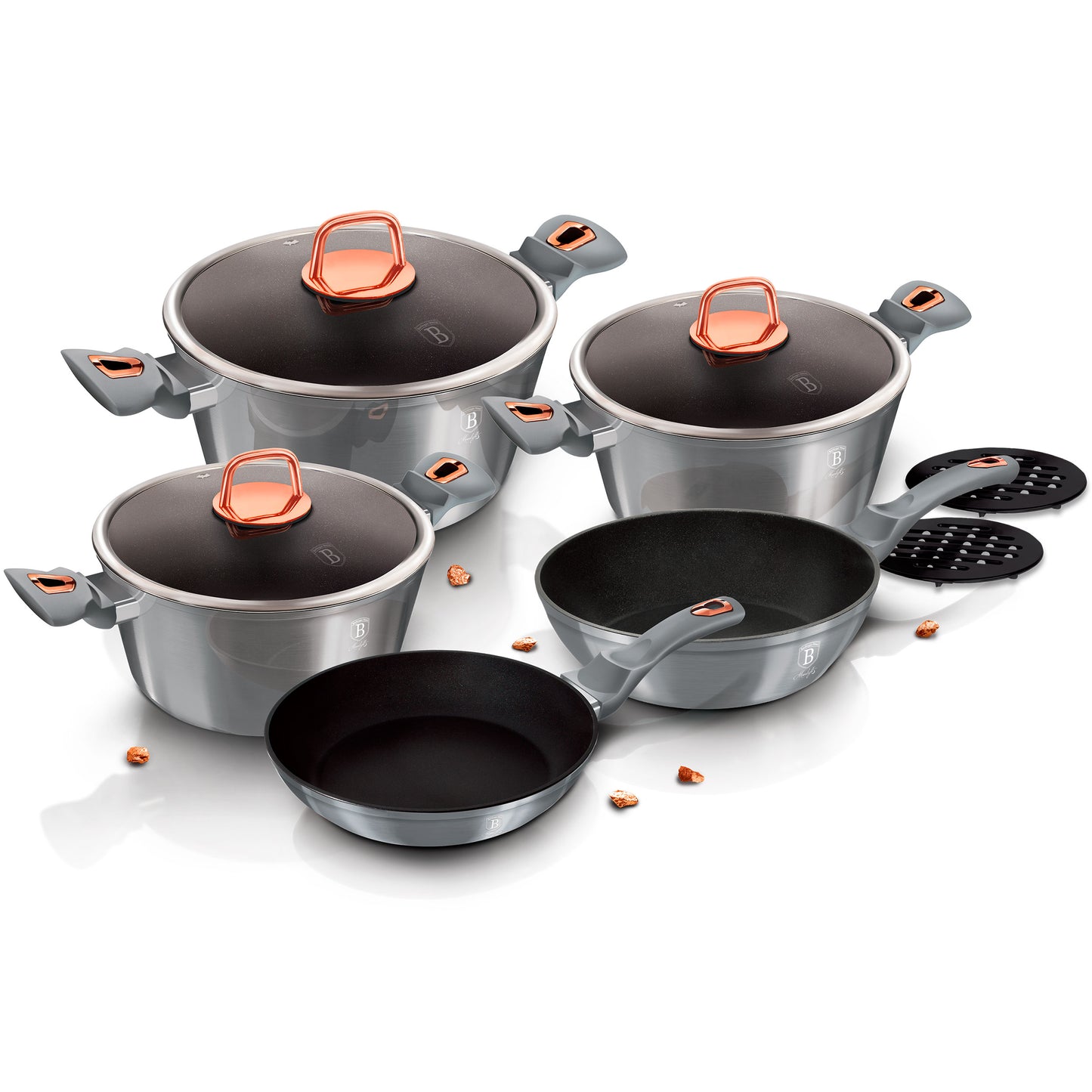 Batería Cocina Inducción 10 Piezas, Antiadherente Mármol Sin Pfoa, Aluminio, Cazuelas Sartenes Berlinger Haus Moonlight Gris