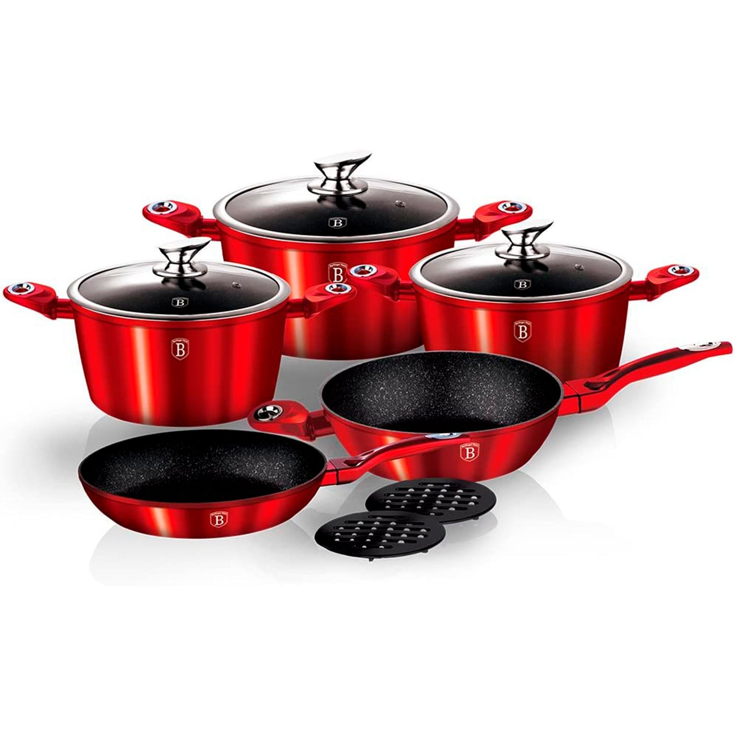 Batería Cocina Inducción 10 Piezas, Antiadherente Mármol Sin Pfoa, Aluminio, Cazuelas Sartenes Berlinger Haus Burgundy Rojo