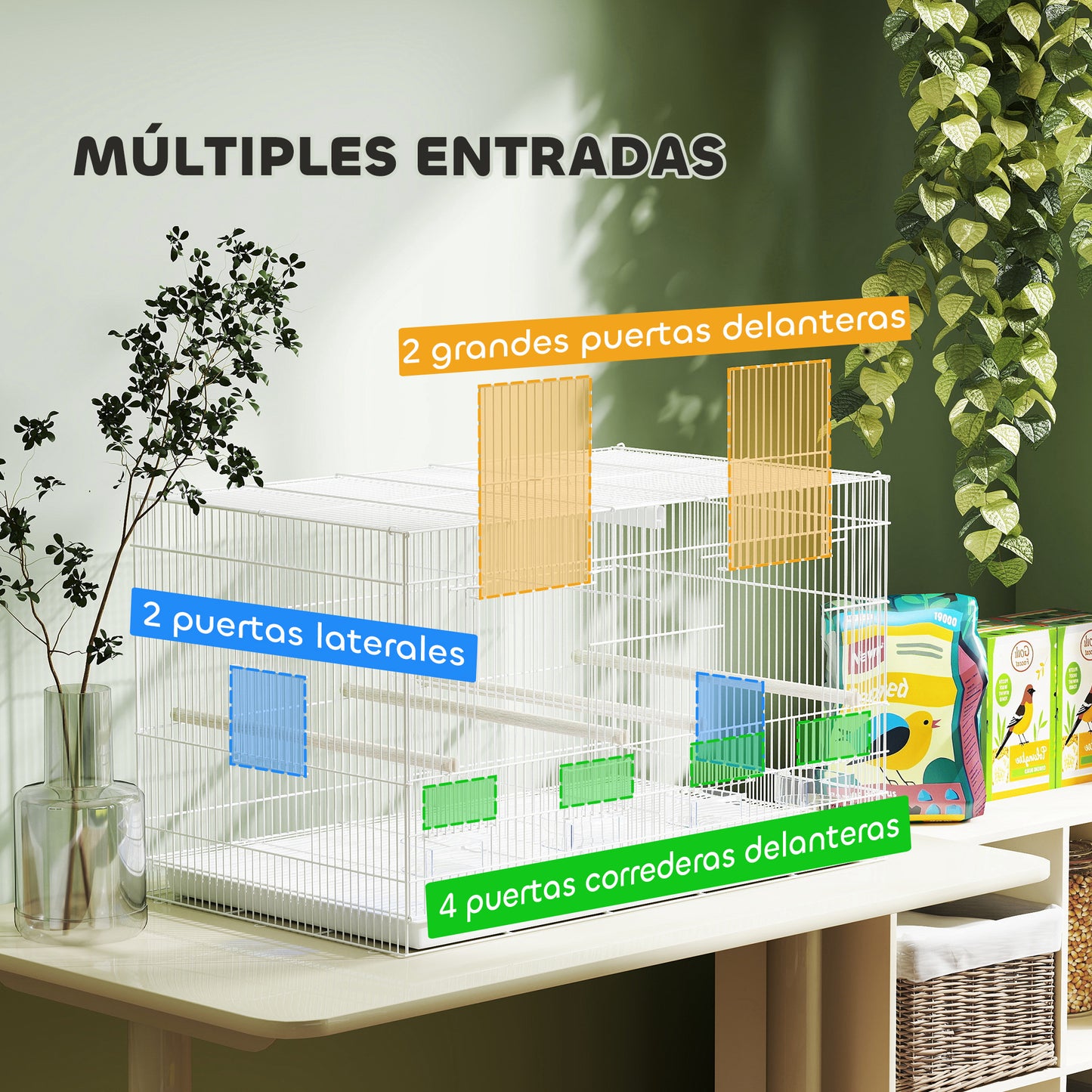 Pawhut Jaula Para Pájaros Con Divisor 4 Comederos 4 Perchas 76x46x46 Cm Blanco_5