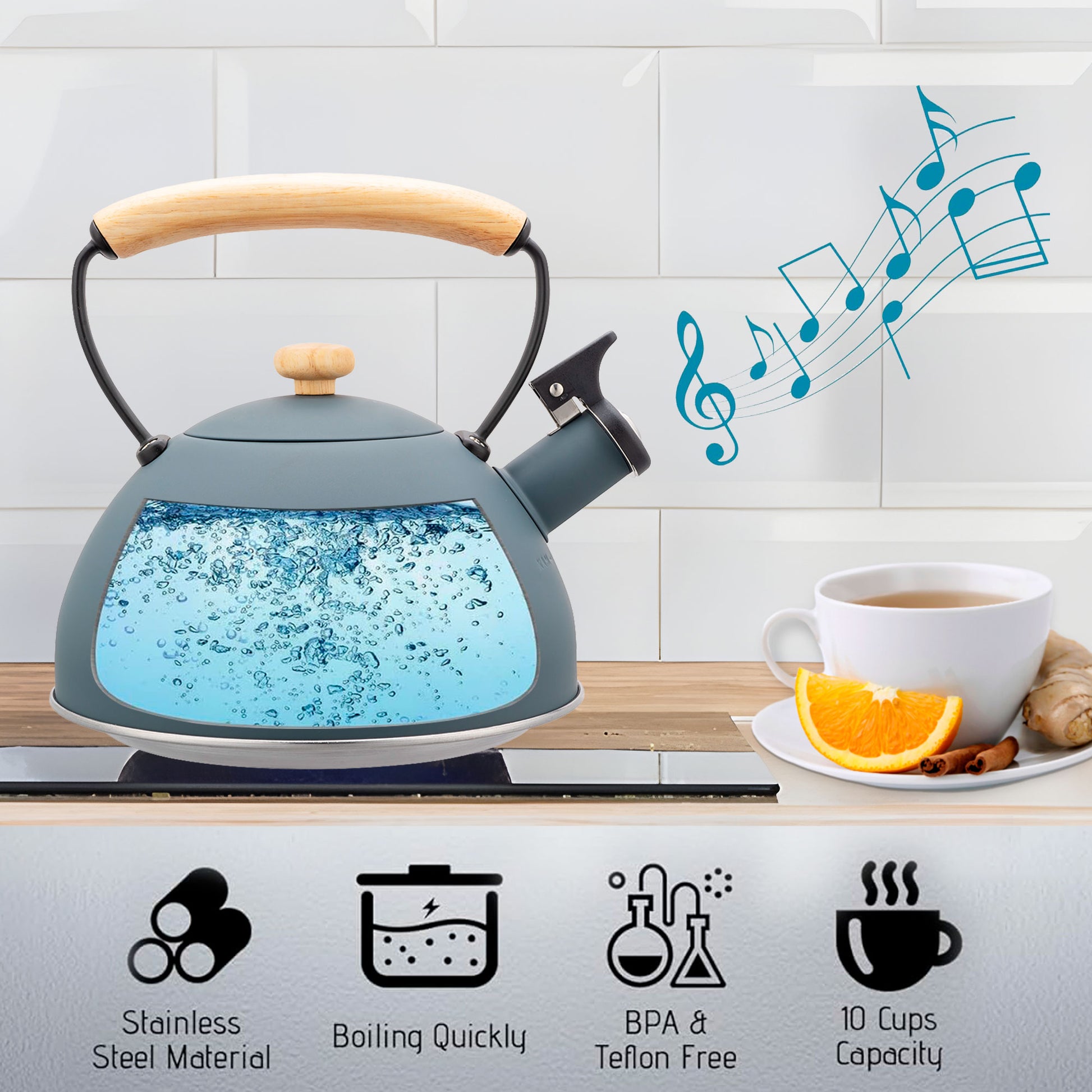 Tetera Con Silbato, Hervidor De Agua 2,5l, Inducción, Acero Inox, Vintage, Mango Madera, Briebe, Nordic, Gris