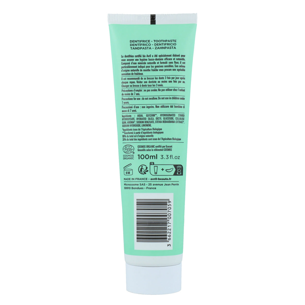 Pasta de dientes sin flúor sabor menta, Avril, 100 ml