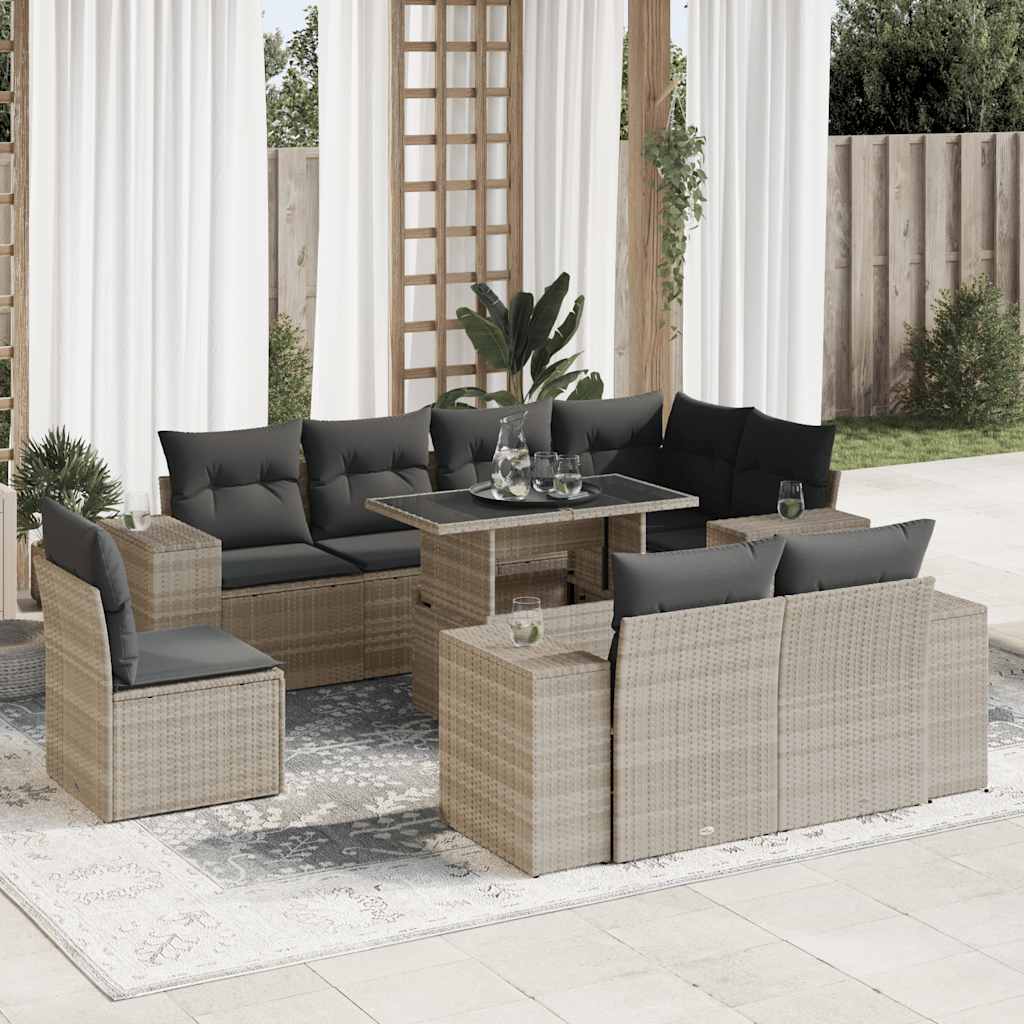 Set Muebles Jardín 9 Pzas Y Cojines Ratán Sintético Gris Claro / Vetonek_5