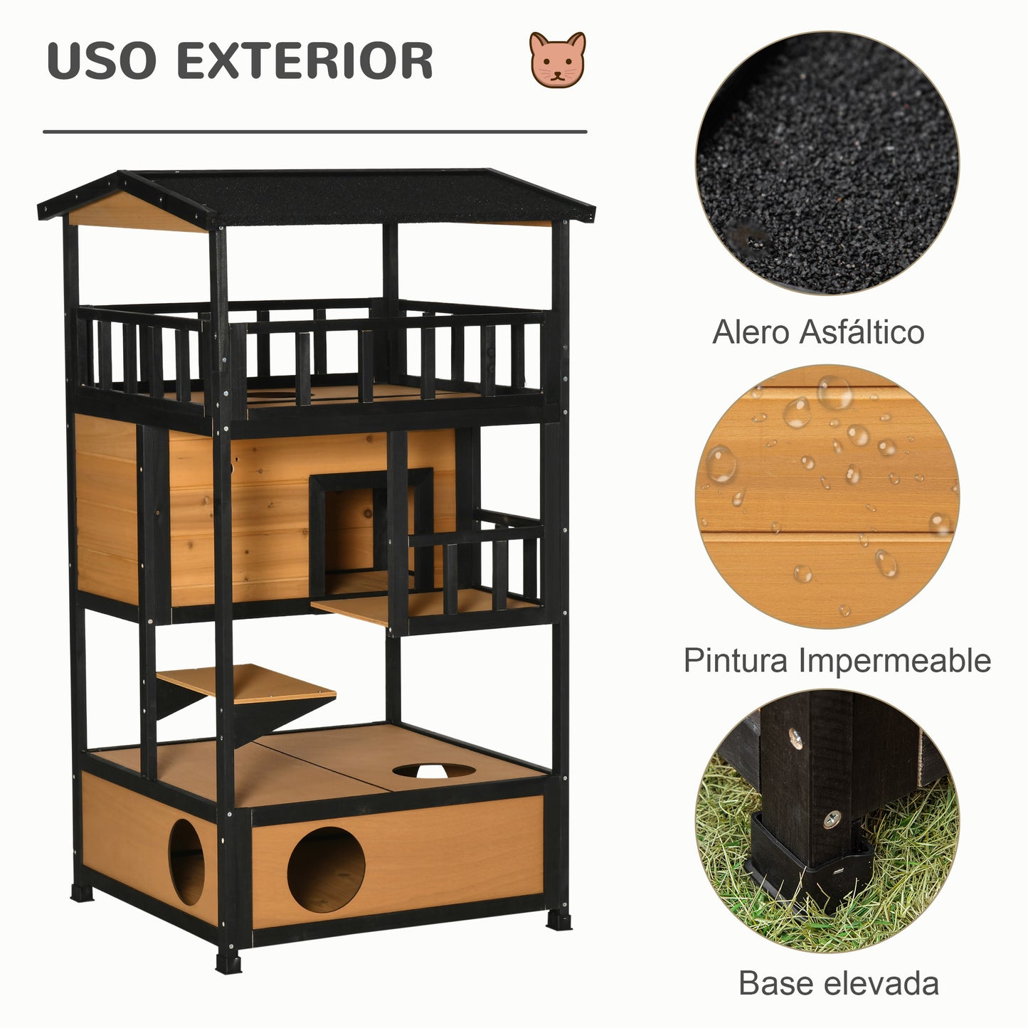 Pawhut Casa Para Gatos De Madera 75,5x75x137 Cm Con Techo Asfáltico Natural_5