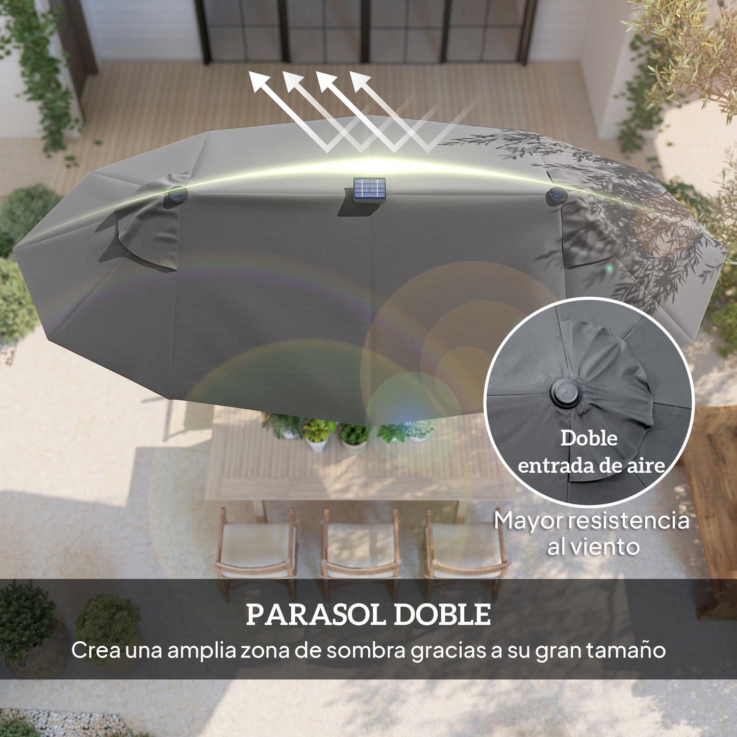 Outsunny Sombrilla Doble 295x150x219 Cm Con Luces Led Solares Gris_5