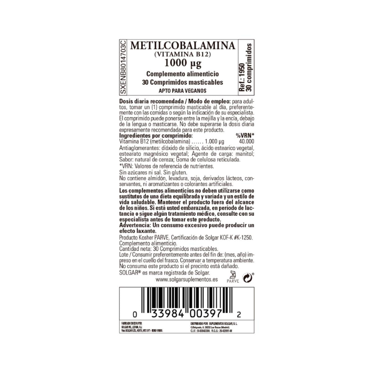 Vitamina B12 Metilcobalamina, 30 comprimidos sublinguales de 1000μg
