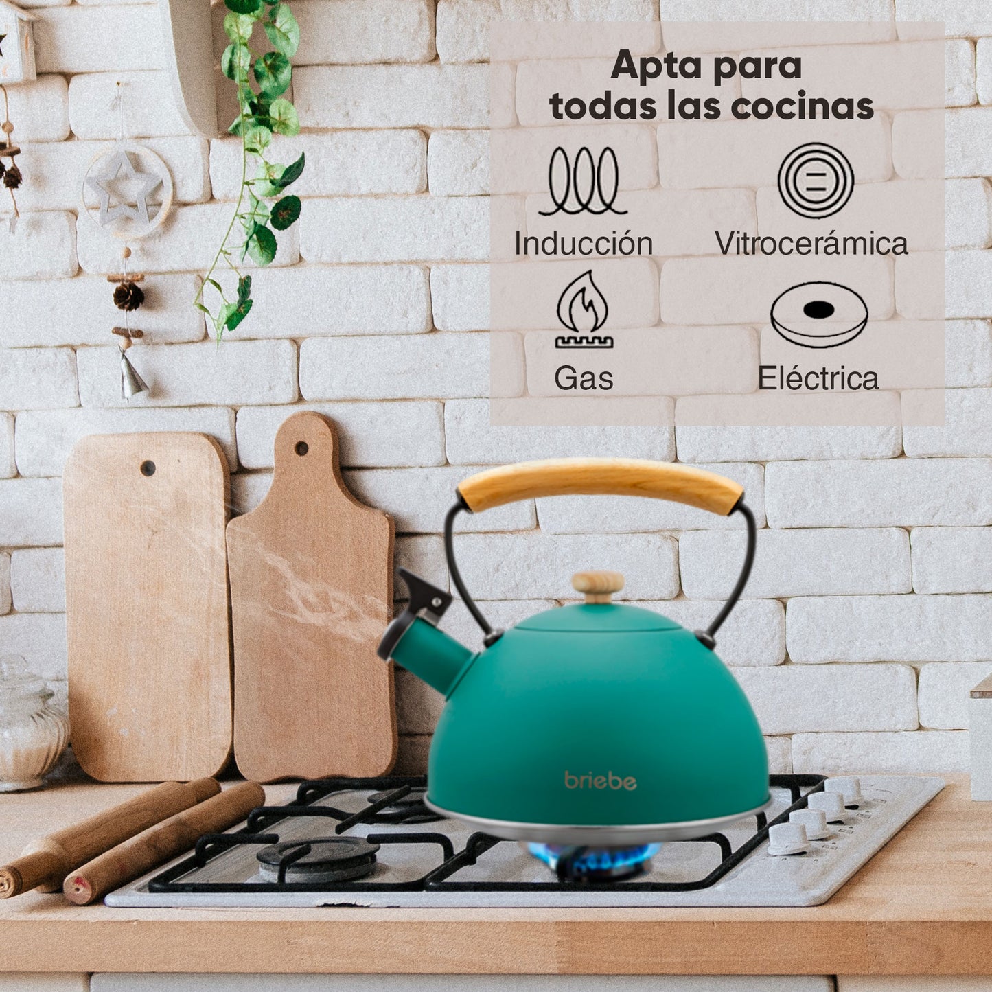 Tetera Con Silbato, Hervidor De Agua 2,5l, Inducción, Acero Inox, Vintage, Mango Madera, Briebe, Nordic, Verde