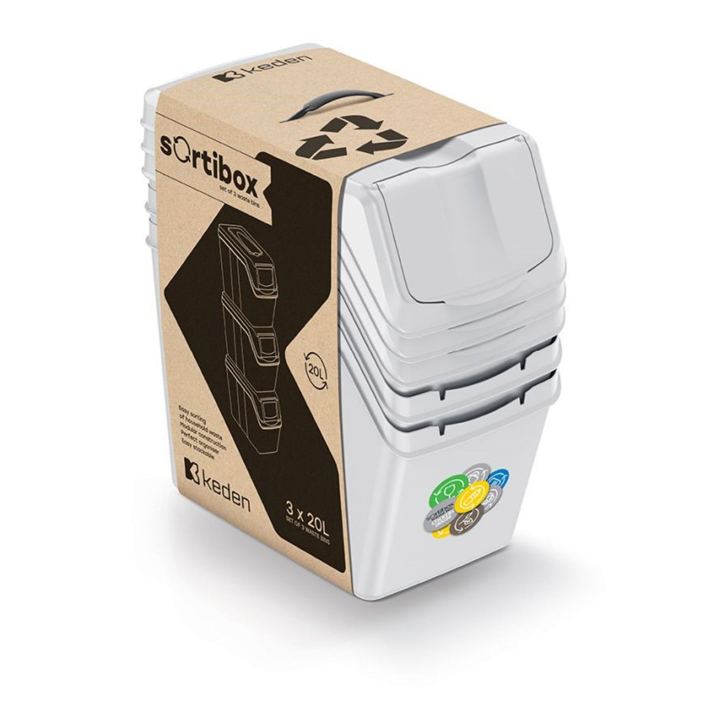 Set De 3 Cubos De Basura Keden Sortibox Para Reciclado, Blanco Roto, Volumen 3x20l_3