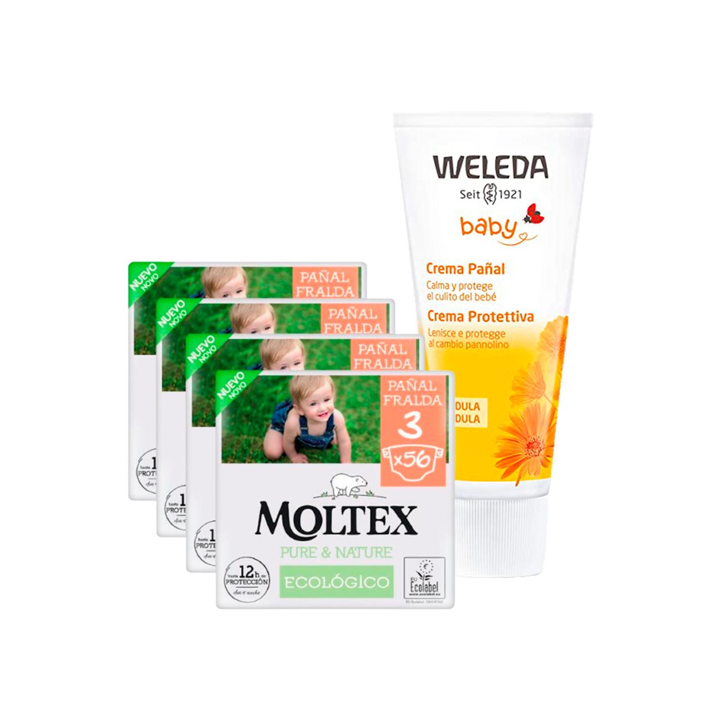 PACK ESPECIAL Crema de Pañal de Caléndula Weleda 75ml + Pack ahorro Pañales Moltex Pure & Nature T3 (4-10 kg) 224 Uds