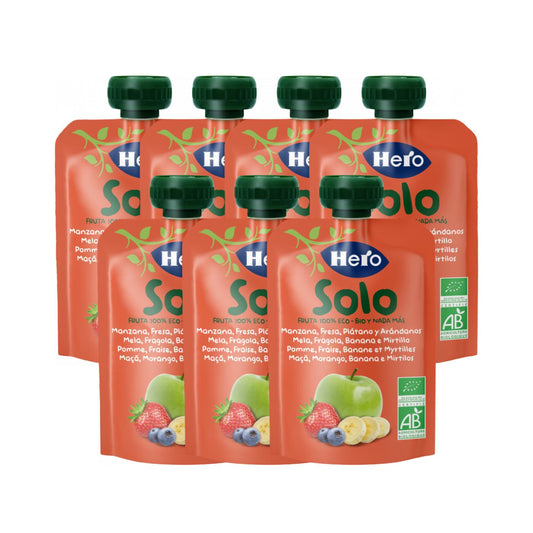 Pack x7 Bolsita fruta 100% Eco sabor manzana, fresa, plátano y arándanos 100 g. Hero Solo