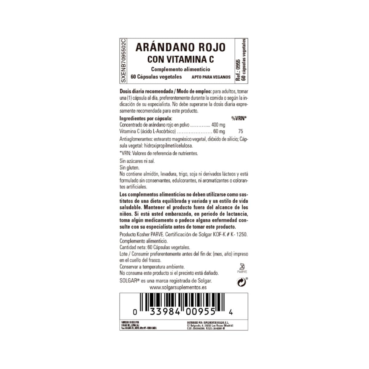 Arándano Rojo con Vitamina C – Solgar 60 cápsulas vegetales