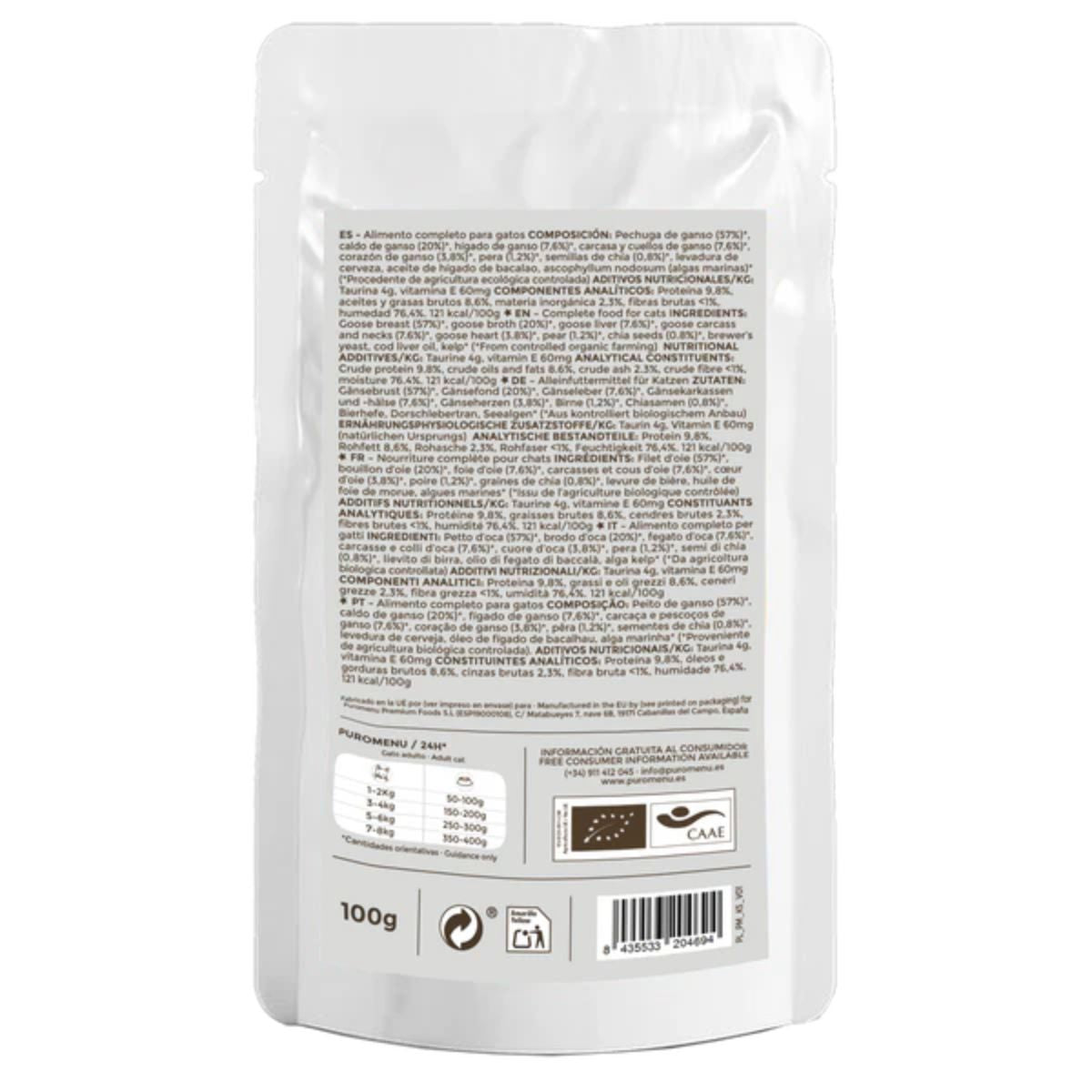 Comida húmeda Barf gatos Zarpitas de amor BIO (Ganso) Puromenu 100 g