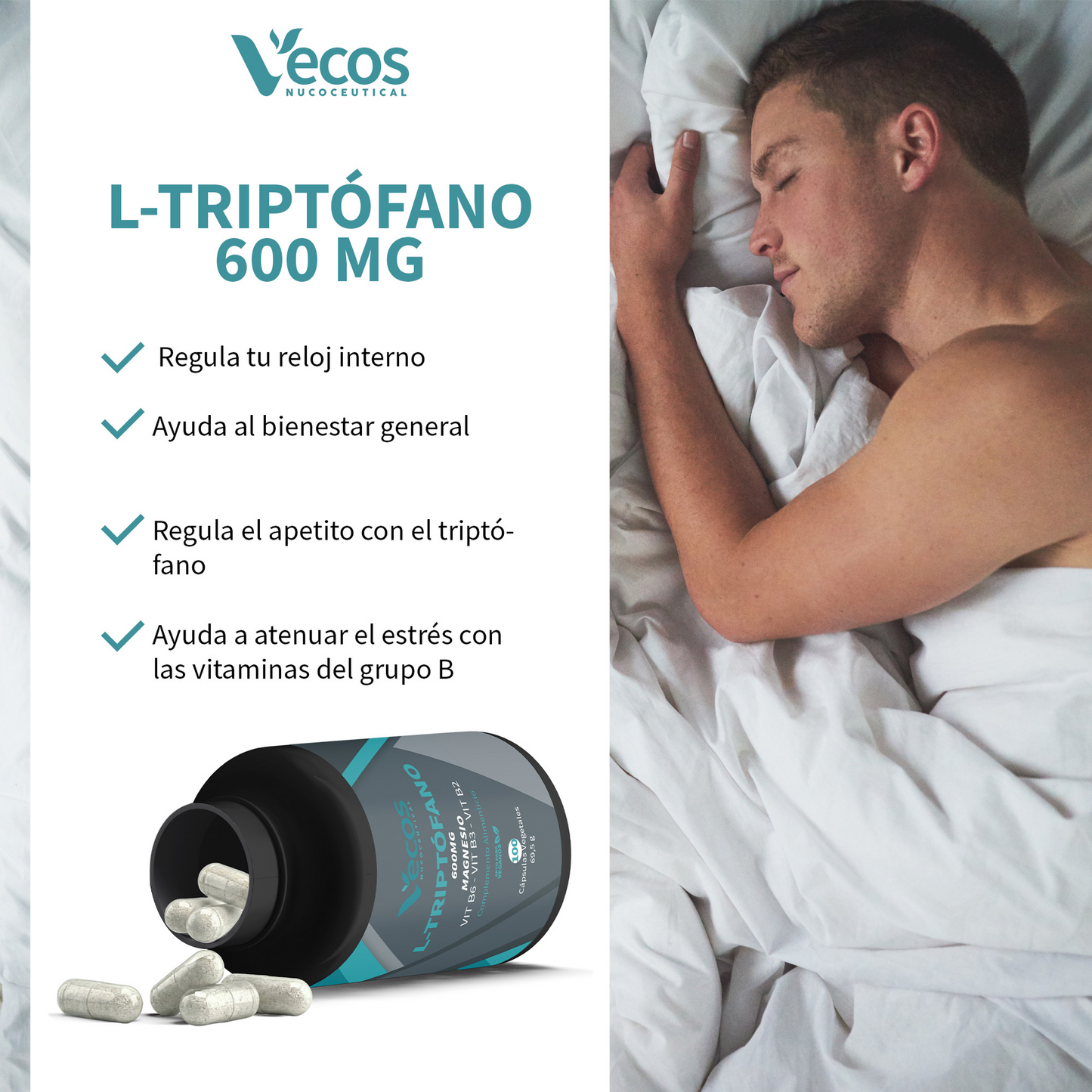 L-triptófano 600 Mg Vecos 100 Cápsulas | Relajación, Descanso Y Equilibrio Emocional | Con Magnesio Y Vitaminas B_3