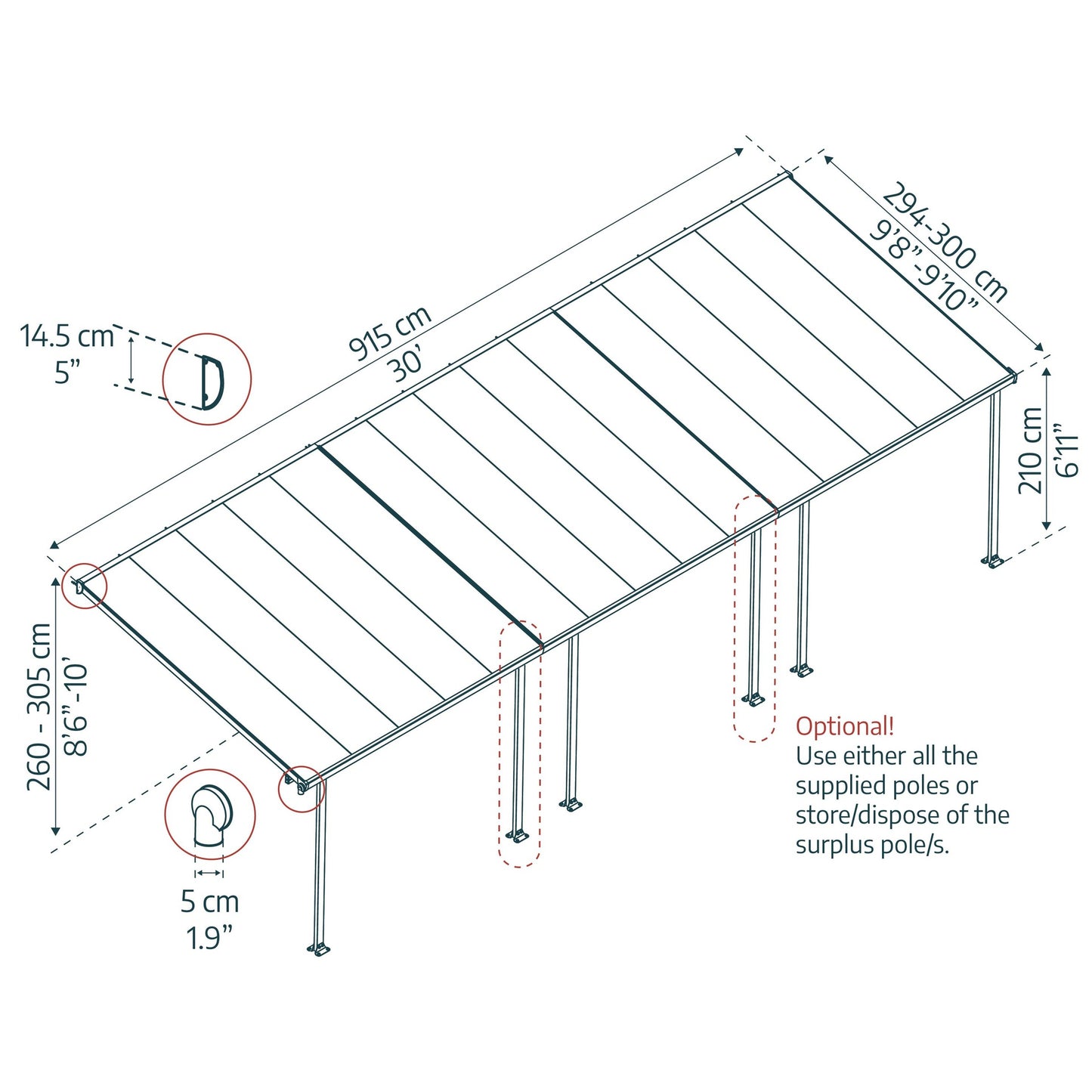 Pérgola adosada Feria 300x915 m gris