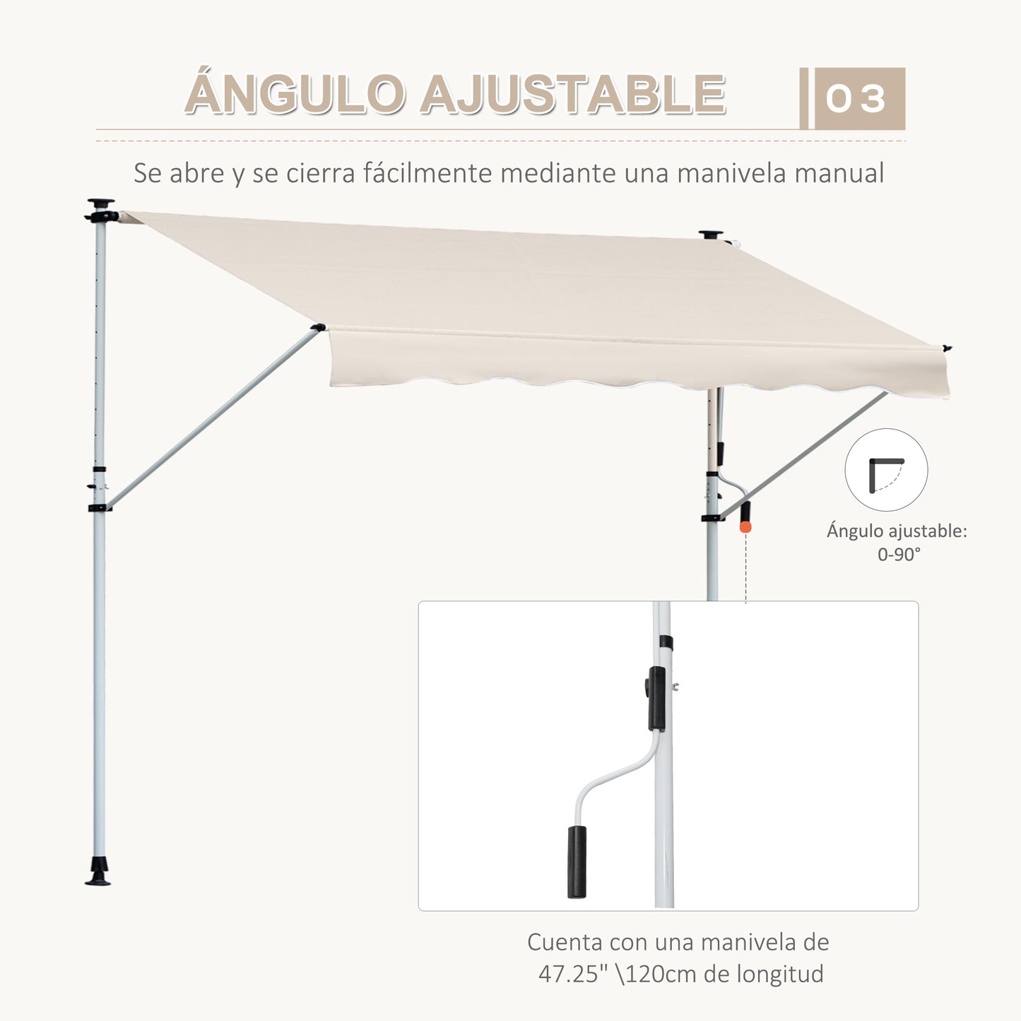 Outsunny Toldo Manual Retráctil Exterior 400x120x170-280 Cm Con Manivela Beige_5