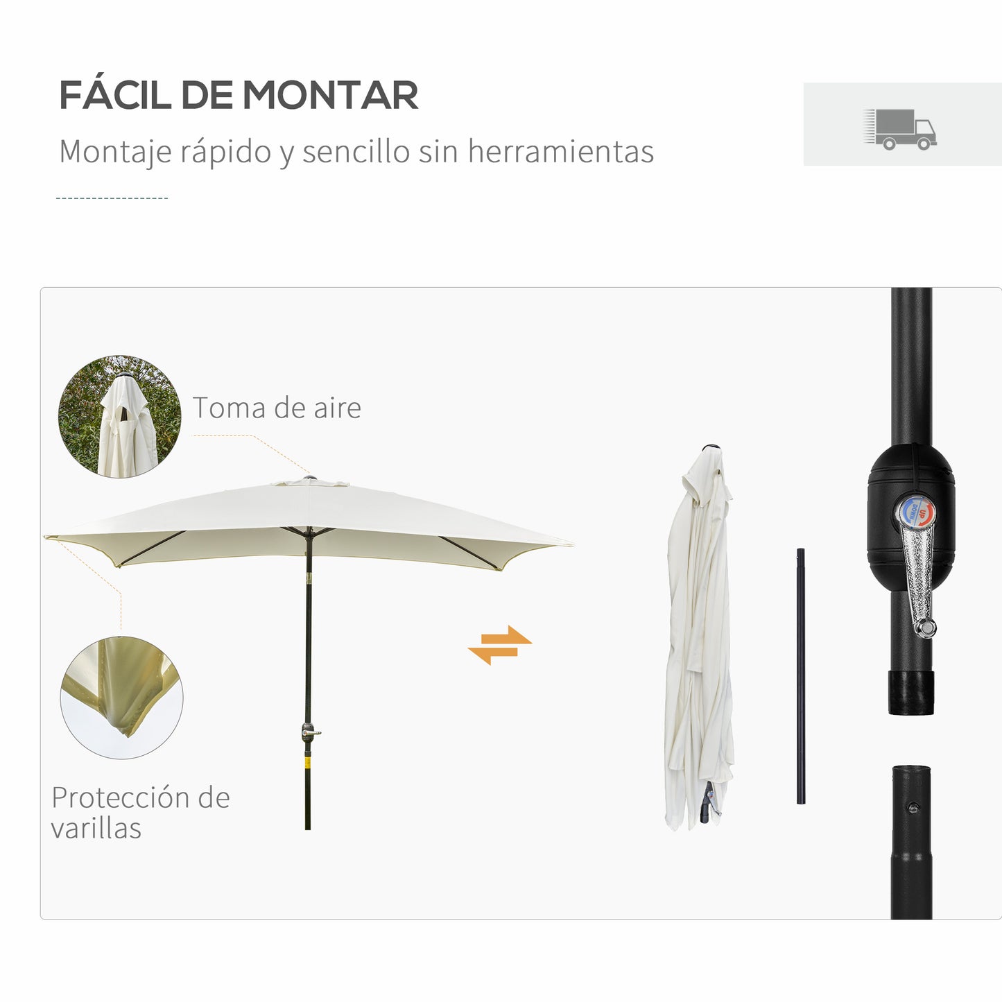 Outsunny Sombrilla Jardín Aluminio 200x300x240 Cm Inclinable Con Manivela Crema_5