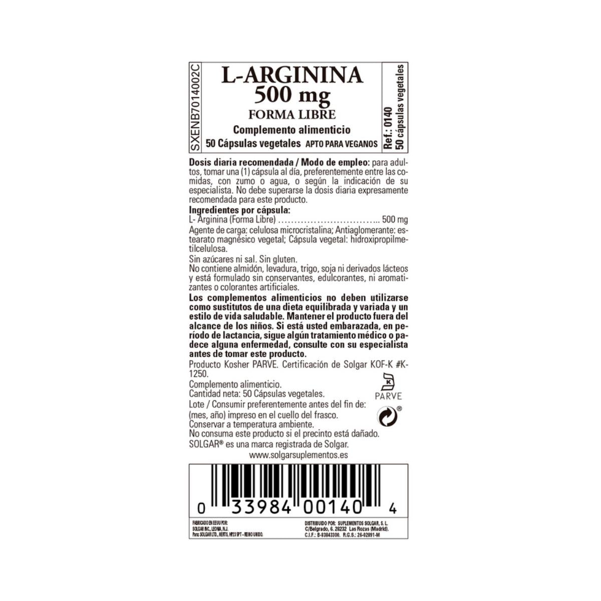 L-Arginina, 50 cápsulas vegetales de 500mg