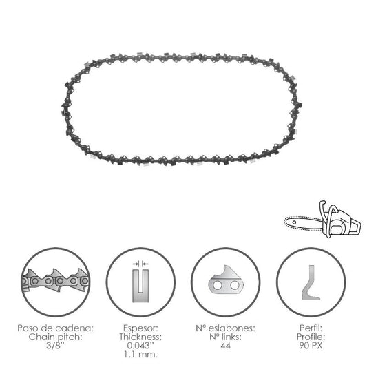 Cadena Motosierra 3/8 / 0.043 1,1 Mm. / 44 Eslabones / 90 Px