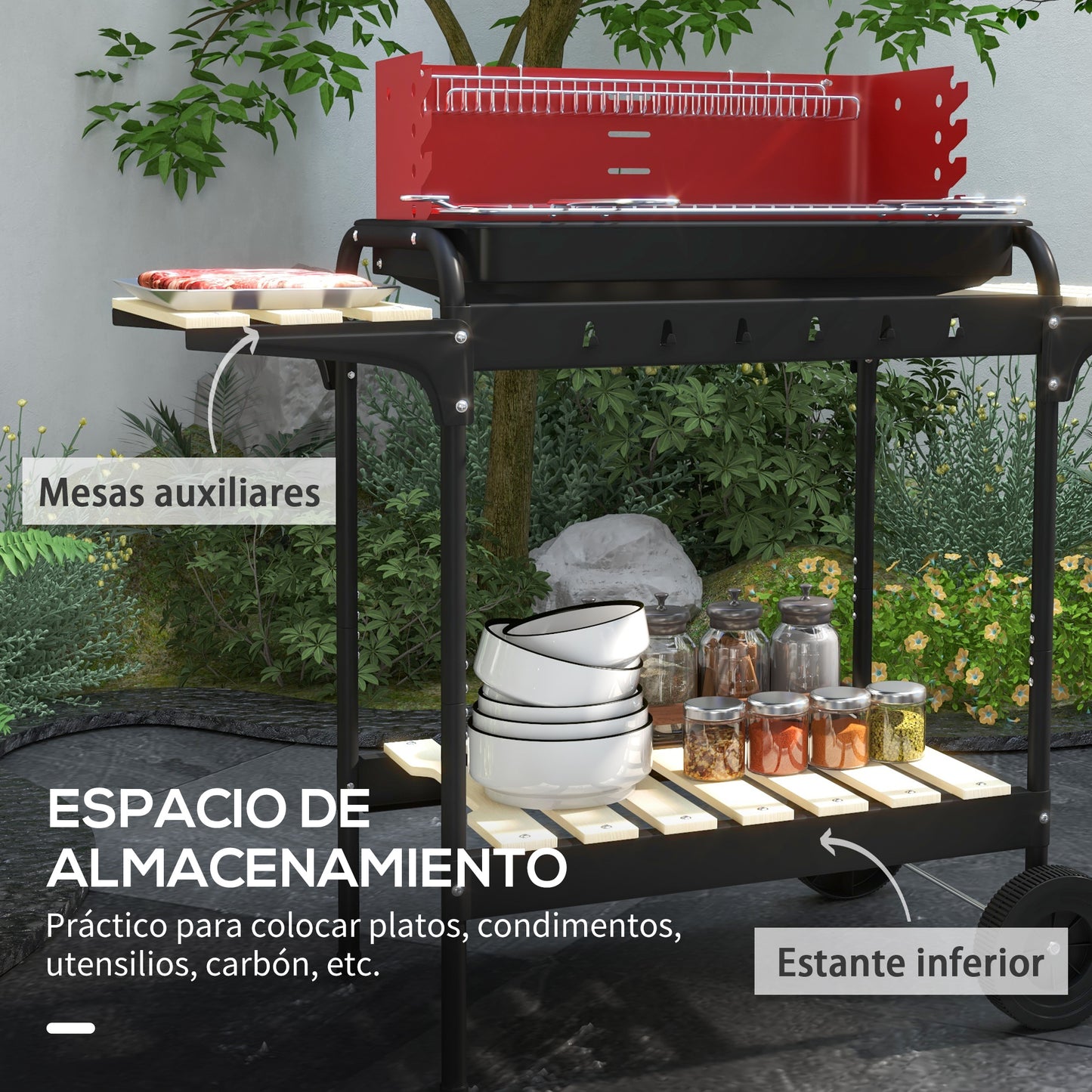 Outsunny Barbacoa De Carbón Con Ruedas Parrilla Ajustable En Altura Rojo_5