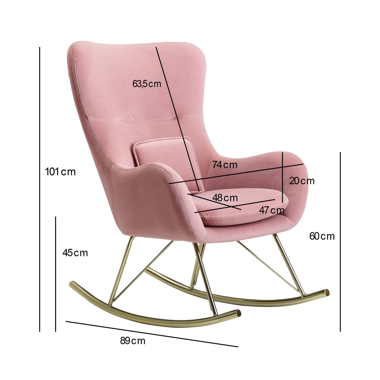 Mecedora De Terciopelo / Metal Rosa 74x101x89 Cm Con Patas Doradas_4