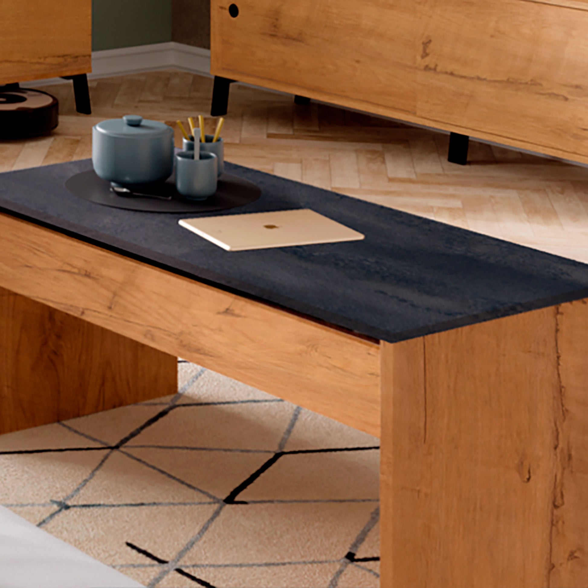 Mesa Centro Elevable, Comedor, Salón, Mesita Café Auxiliar Para Sofá, 47x100x50cm/58x100x50cm, Briebe, Opal, Madera