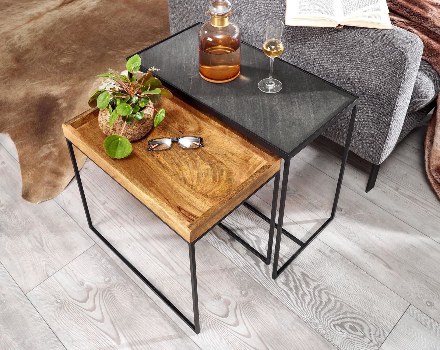 Juego De Mesa De Salón De 2 Mesas Auxiliares De Madera Maciza De Mango_4