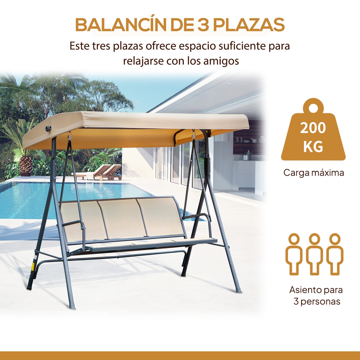 Outsunny Columpio De Jardín De 3 Plazas Techo Ajustable 175x118x159 Cm Beige_5
