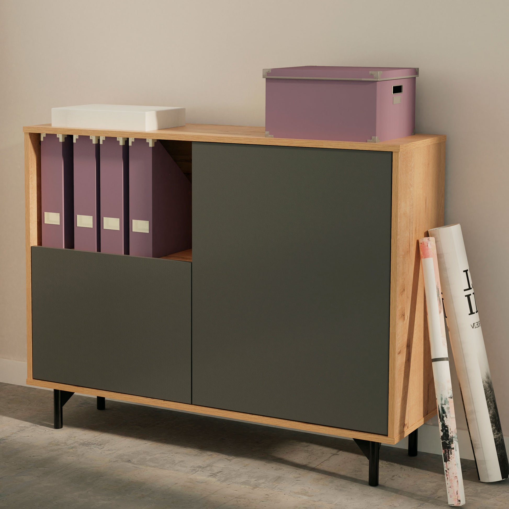 Aparador, Mueble Salón Auxiliar, Buffet, 2 Puertas, 1 Estante 86x112x33 Cm Recibidor Moderno, Briebe, Fokus, Gris